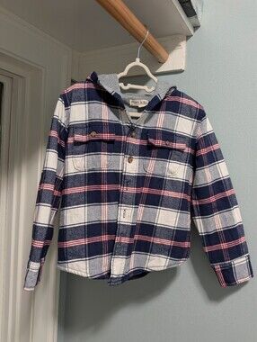 Boys Hooded Navy Plaid Button-Down Shirt Hoodie Jacket